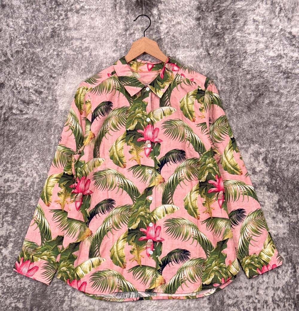 New Tommy Bahama Top Large Womens Frond Royal Long Sleeve Linen Button Shirt